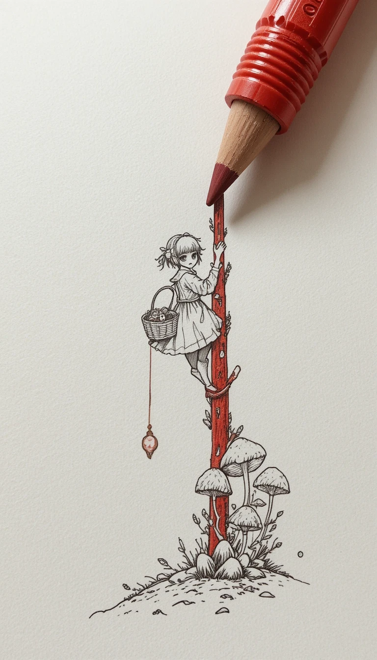 Girl Climbing A Slanted Red Pencil With Basket And Mushrooms