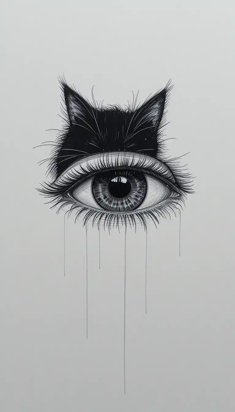 Minimalistische Skizze eines schlafenden Kätzchens über einem geschlossenen Auge