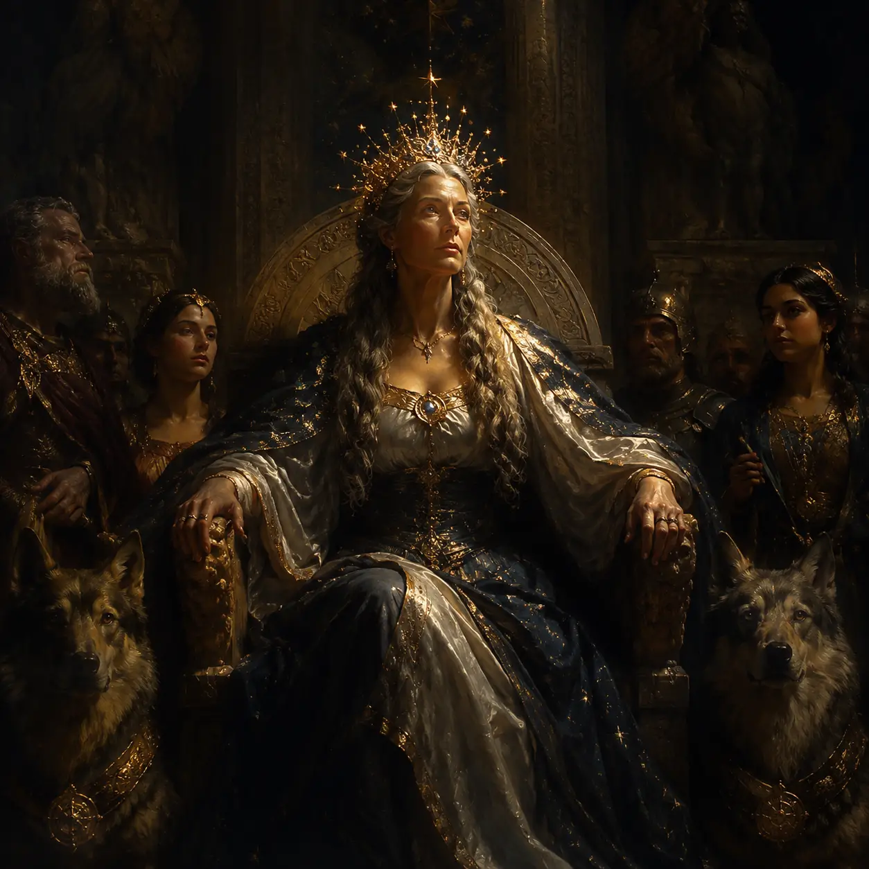 Regal queen seated on an ancient stone throne