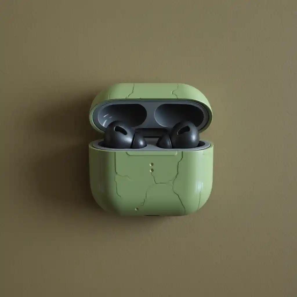 Aerial view of green earphones shaped like black skulls