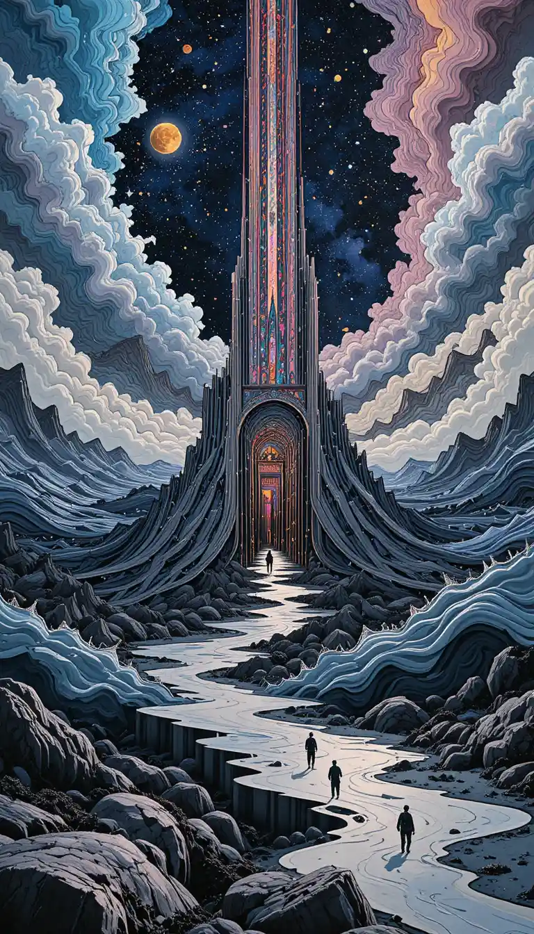 Psychedelic sci fi seascape with surreal space architecture