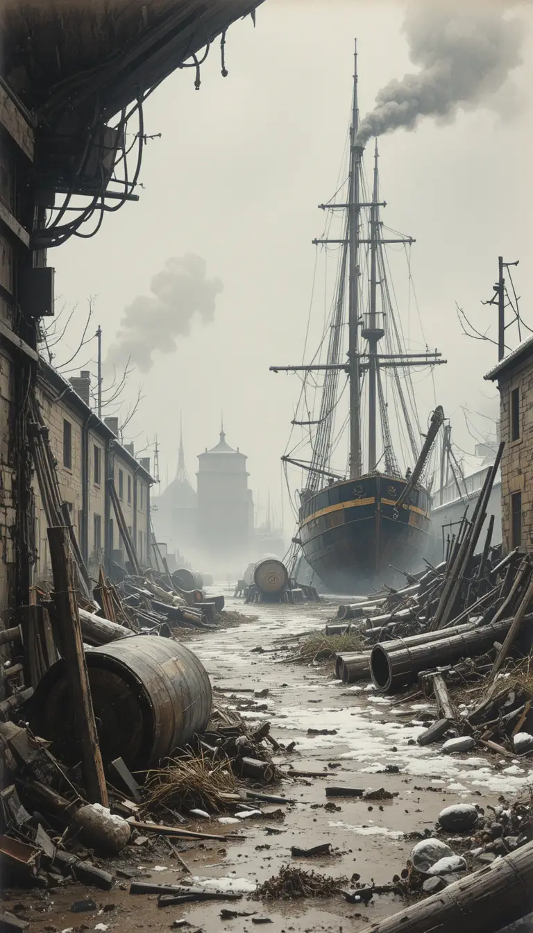 Cantiere navale panoramico avvolto nella nebbia nella San Pietroburgo del XVIII secolo