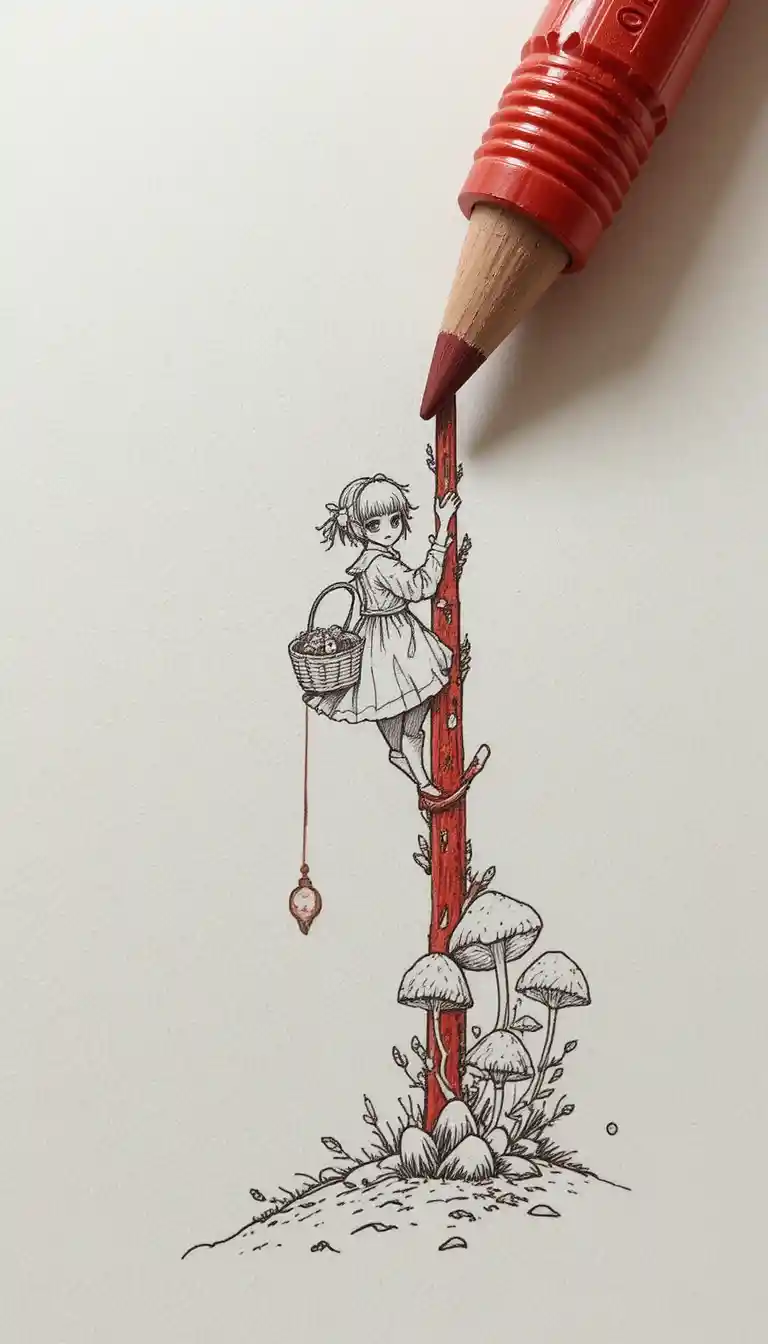 Girl Climbing A Slanted Red Pencil With Basket And Mushrooms