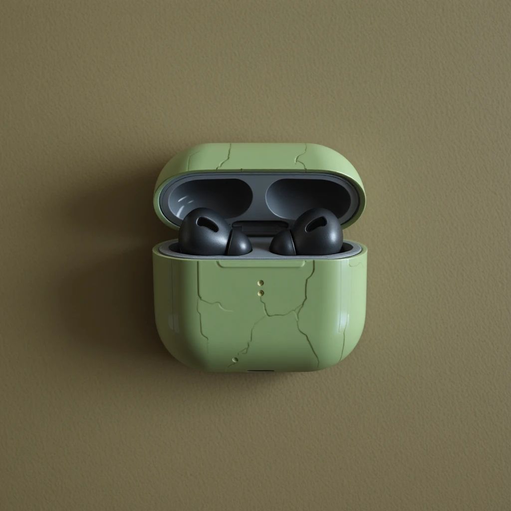 Aerial view of green earphones shaped like black skulls