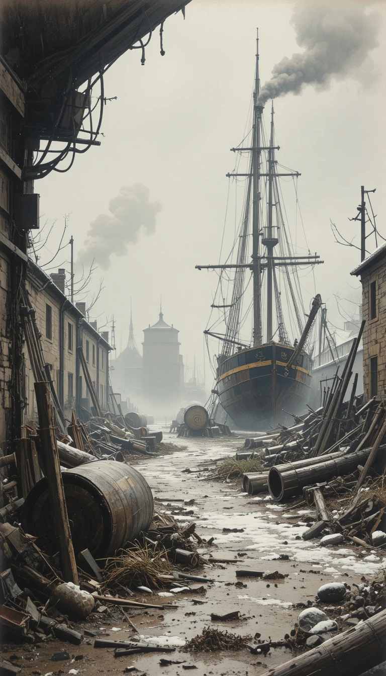 Panoramic foggy shipyard in 18th century St Petersburg