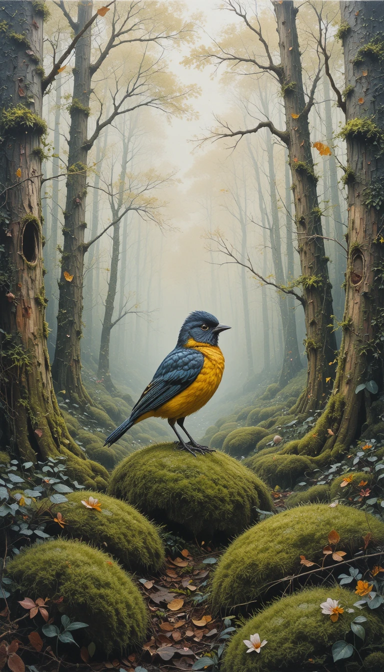 Bird resting in a mossy forest collage painting