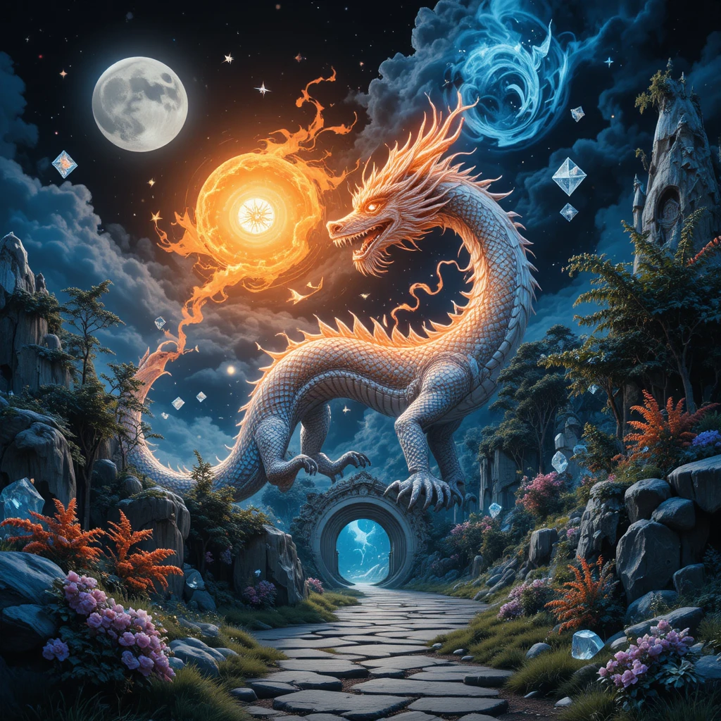 Surreal dragon above a neon river under the moon