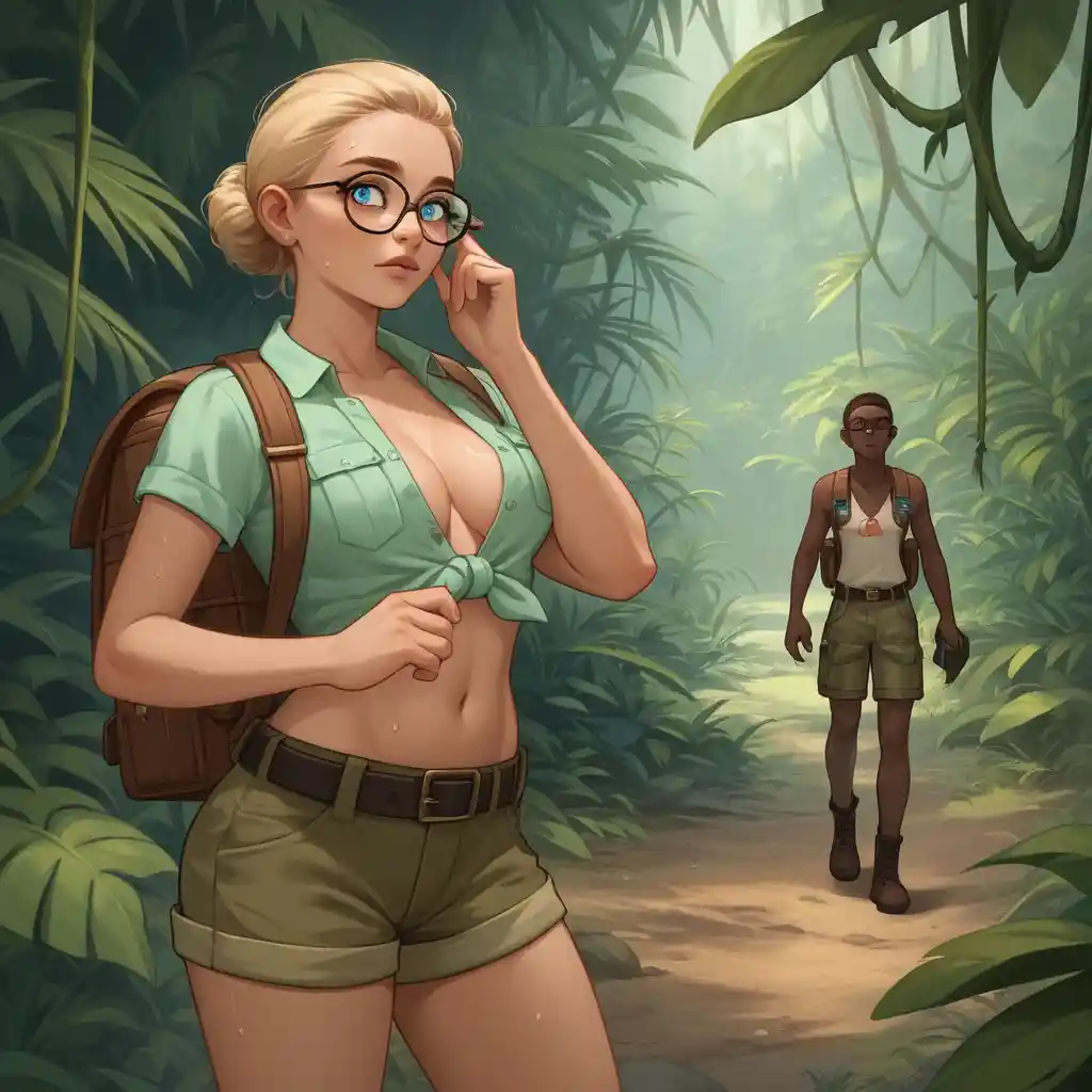 Woman anthropologist trekking through dense tropical rainforest