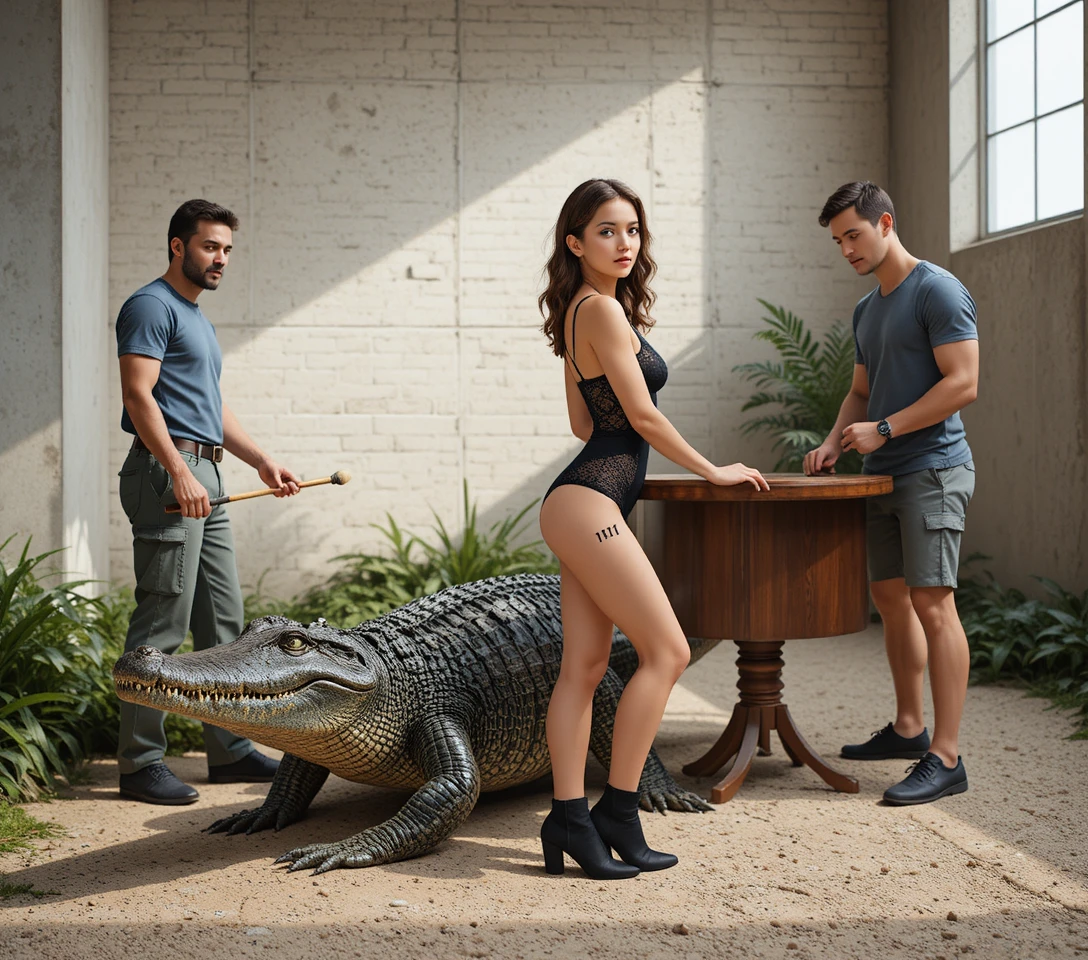 Large crocodile on dirt path with two handlers