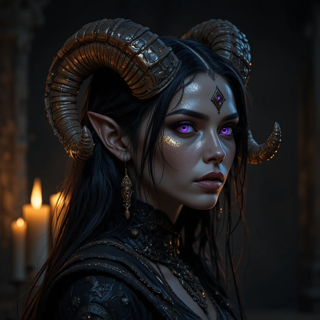 Donna tiefling malinconica in ritratto di profilo alla luce delle candele