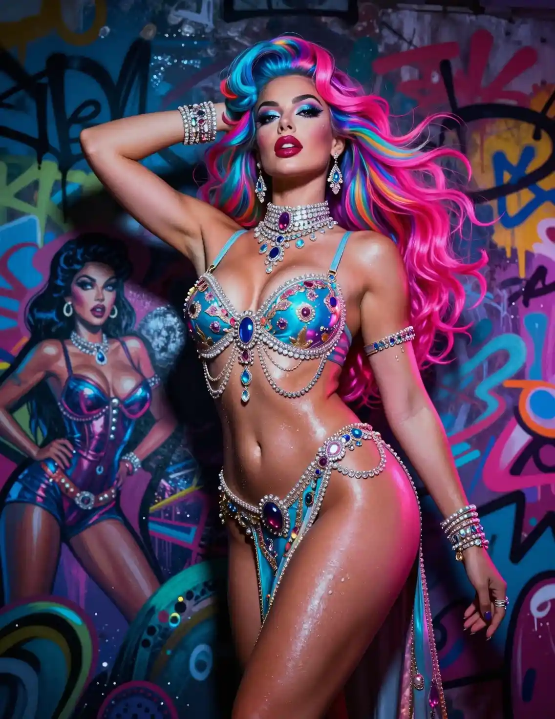 Neon goddess pinup woman in ornate couture fashion