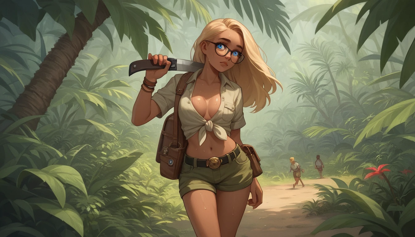 African guide leading blonde anthropologist through dense rainforest