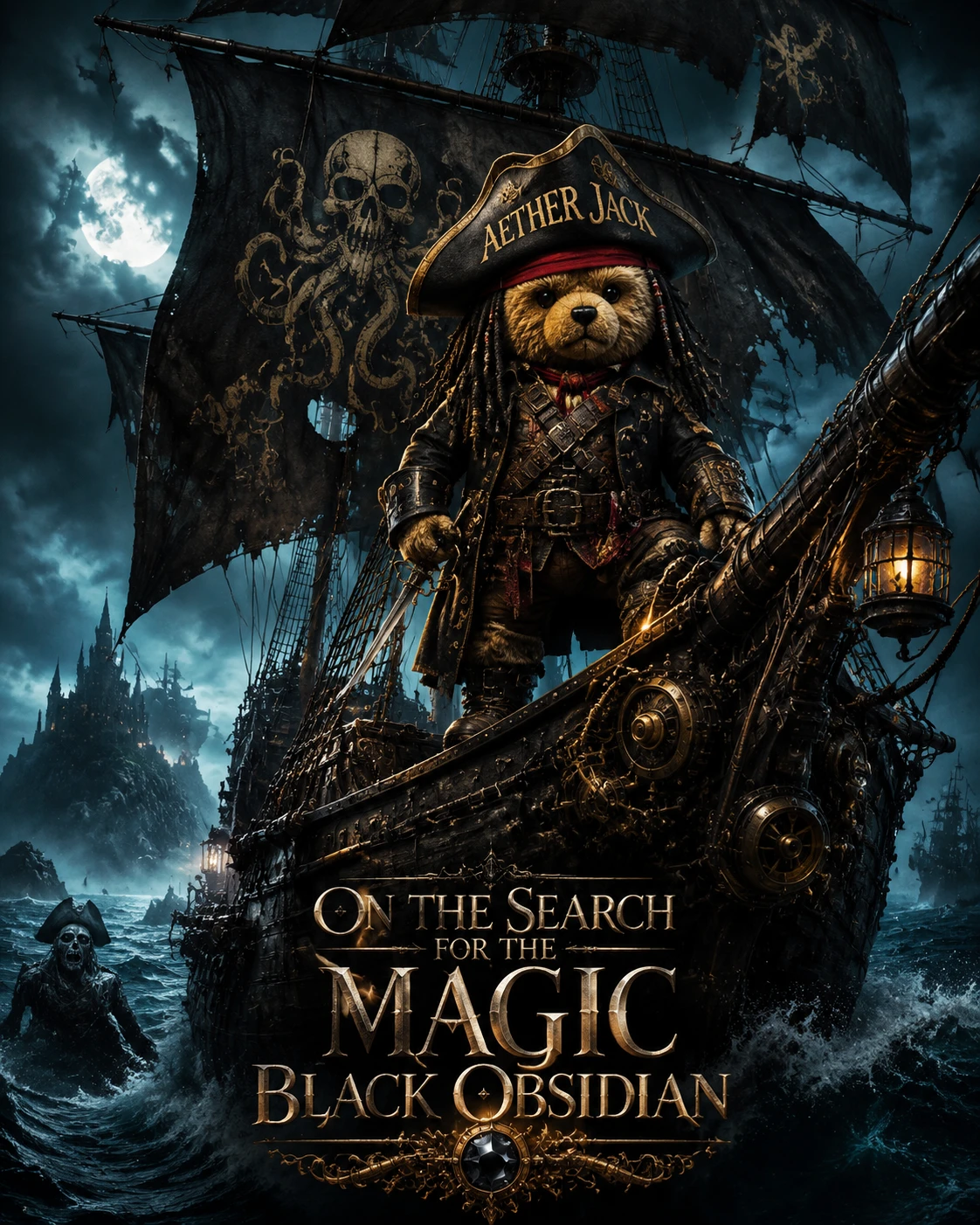 Steampunk pirate teddy bear on haunted obsidian sea ship