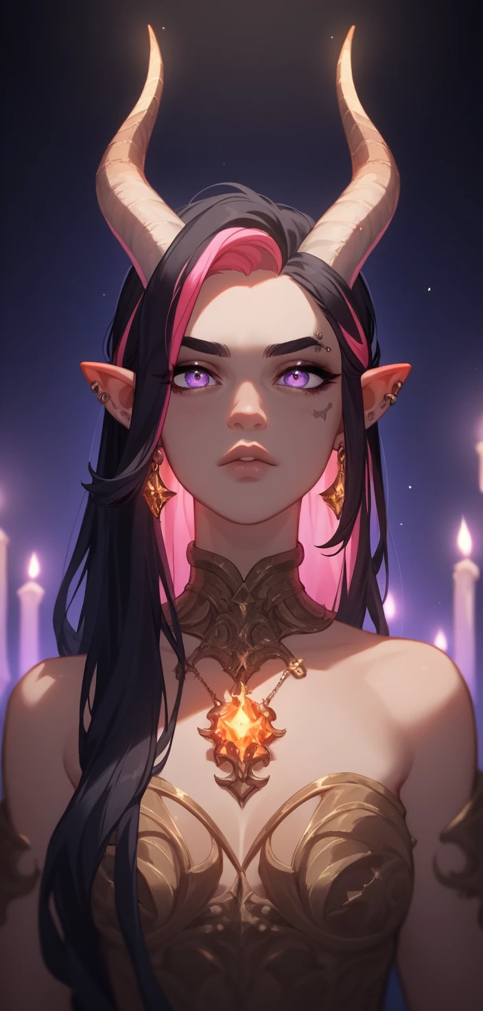 Düstere Tiefling-Frau im Kerzenlichtprofil mit arkaner Macht