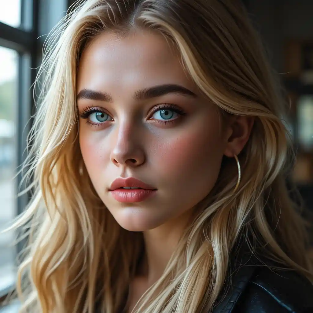 Close up portrait of blonde woman in black leather jacket