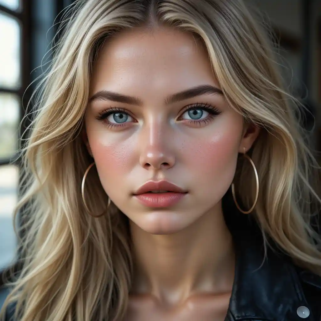 Young blonde woman close up portrait in natural light