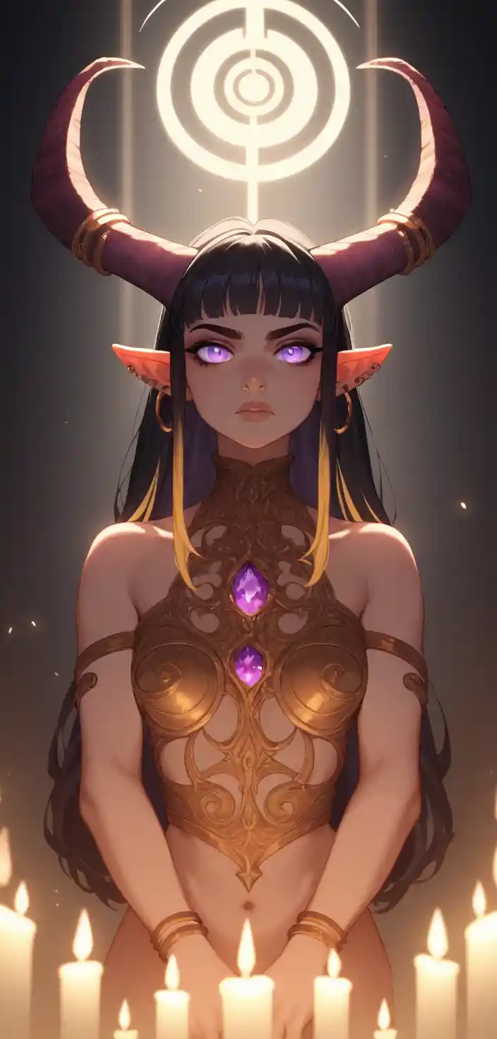 Somber tiefling woman in candlelit profile with crackling magic