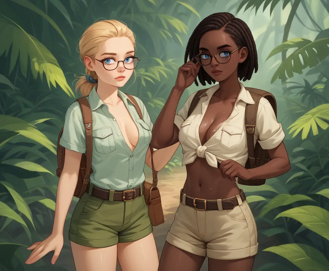 Woman following jungle guide through dense tropical rainforest