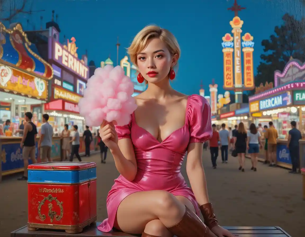 Young woman with cotton candy at a summer fair