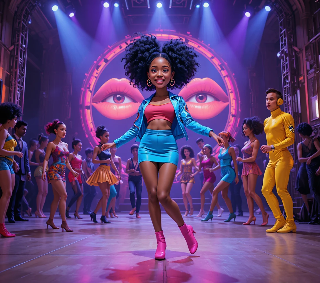 Joyful black stage performer dancing under colorful lights