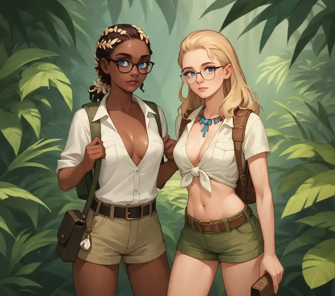 African guide leading blonde anthropologist through dense rainforest