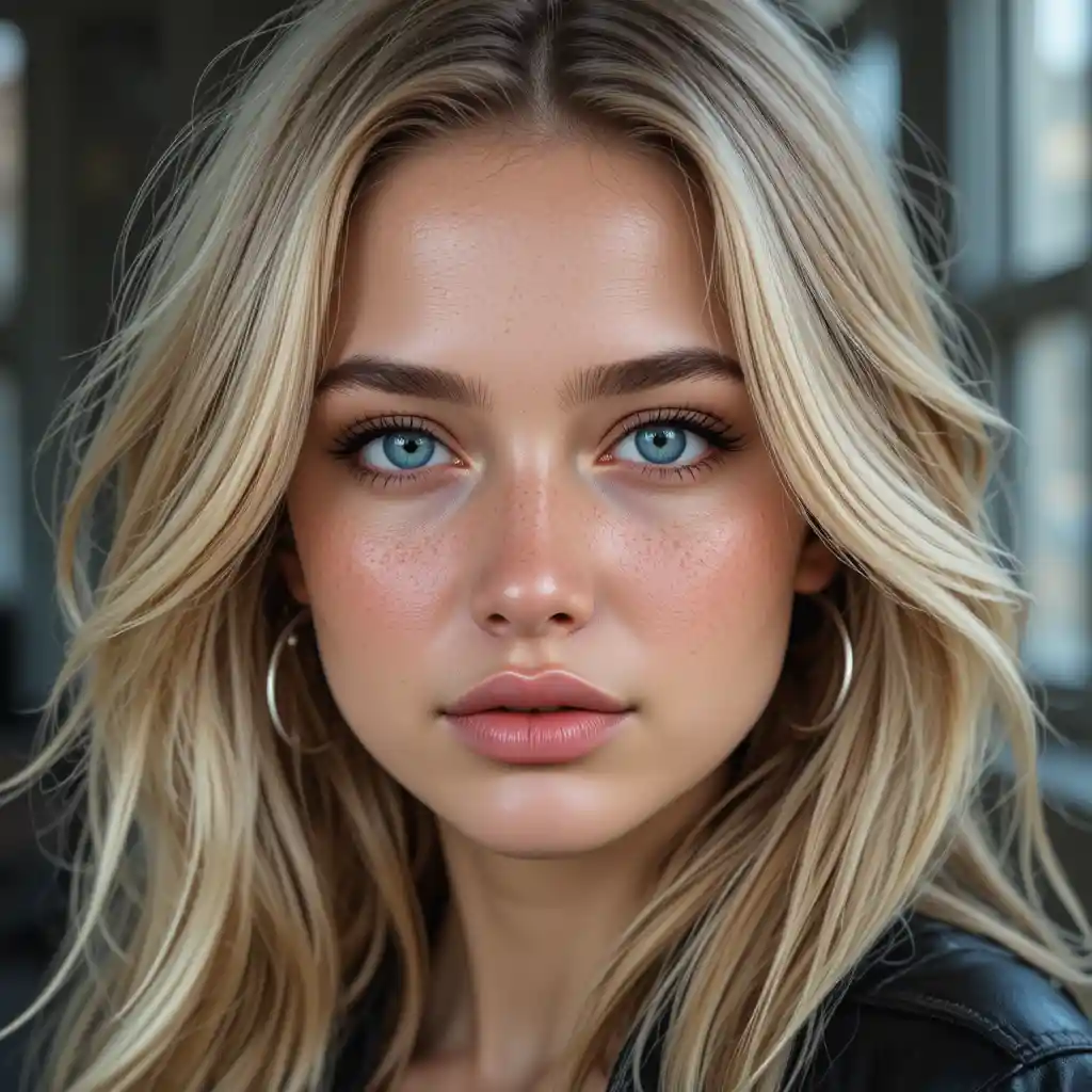 Close up portrait of blonde woman in black leather jacket