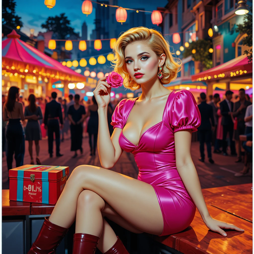 Young woman with cotton candy at a lively fairground