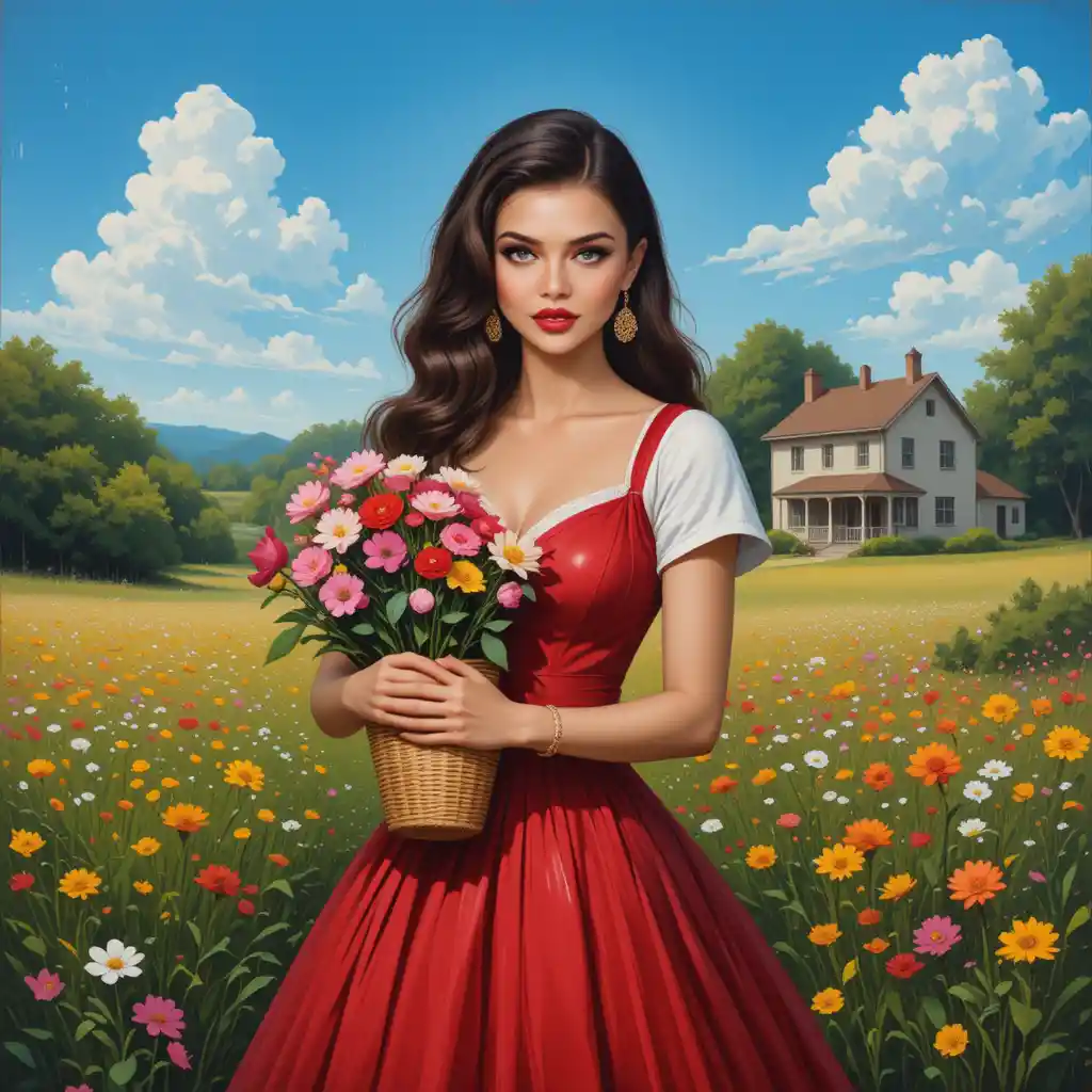 Girl in red dress holding flower basket in sunny field