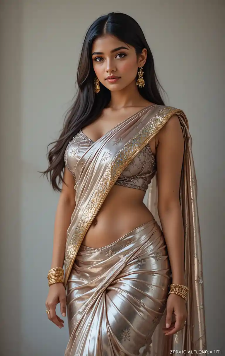 Tamil woman in glossy saree with exposed midriff pose