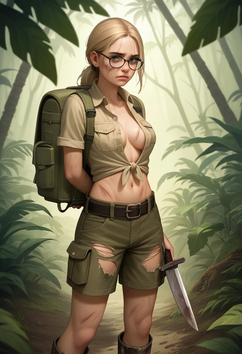 Exhausted jungle explorer girl trekking through dense rainforest