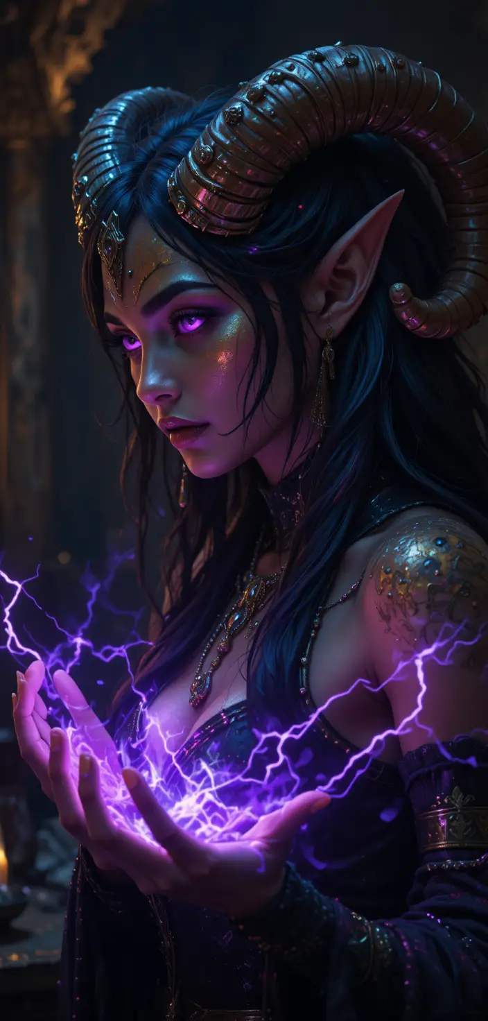 Somber tiefling woman in candlelit profile with arcane power