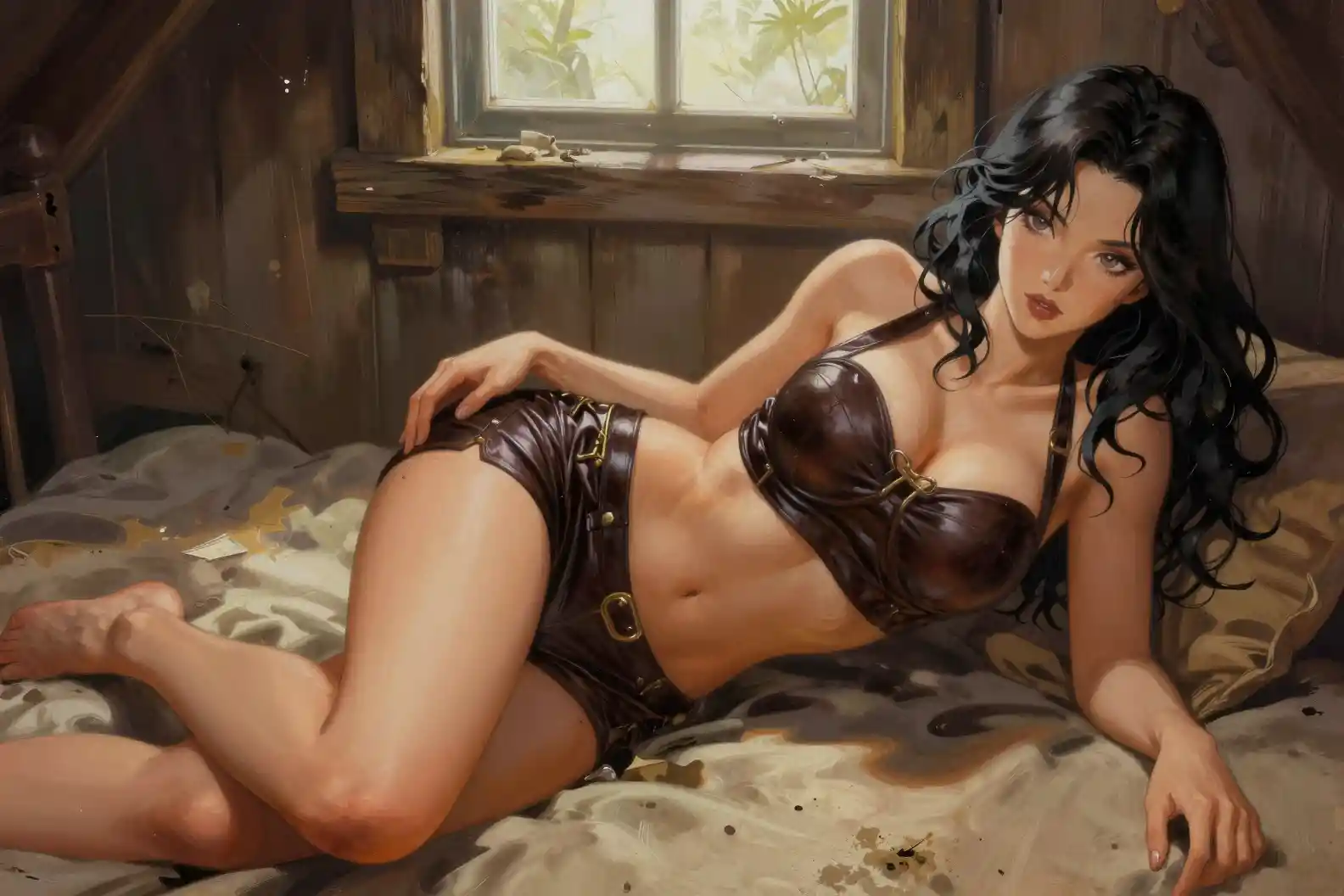 Curvy woman on a dusty bed in a post apocalyptic cabin