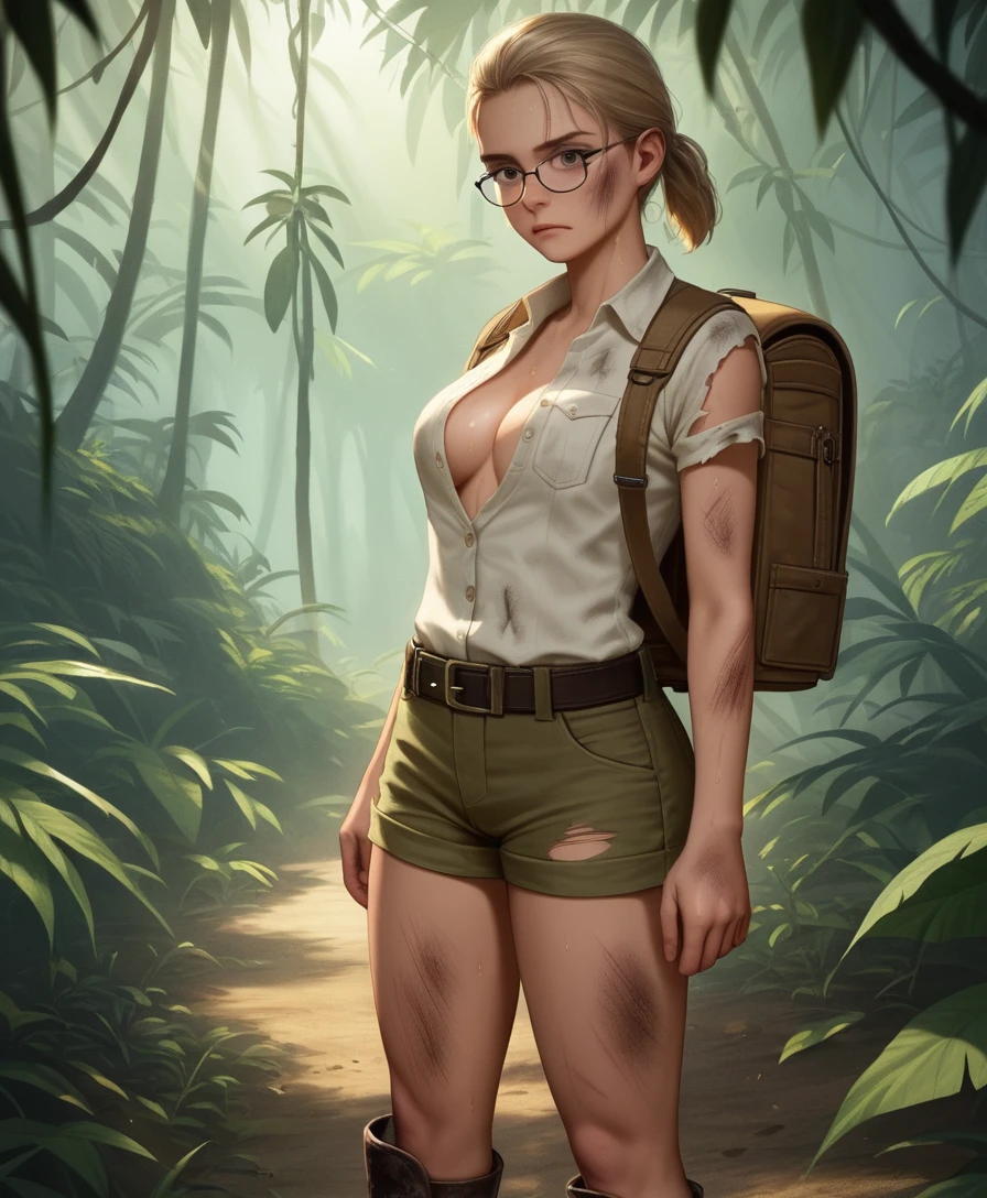 Exhausted young explorer girl trekking through dense rainforest