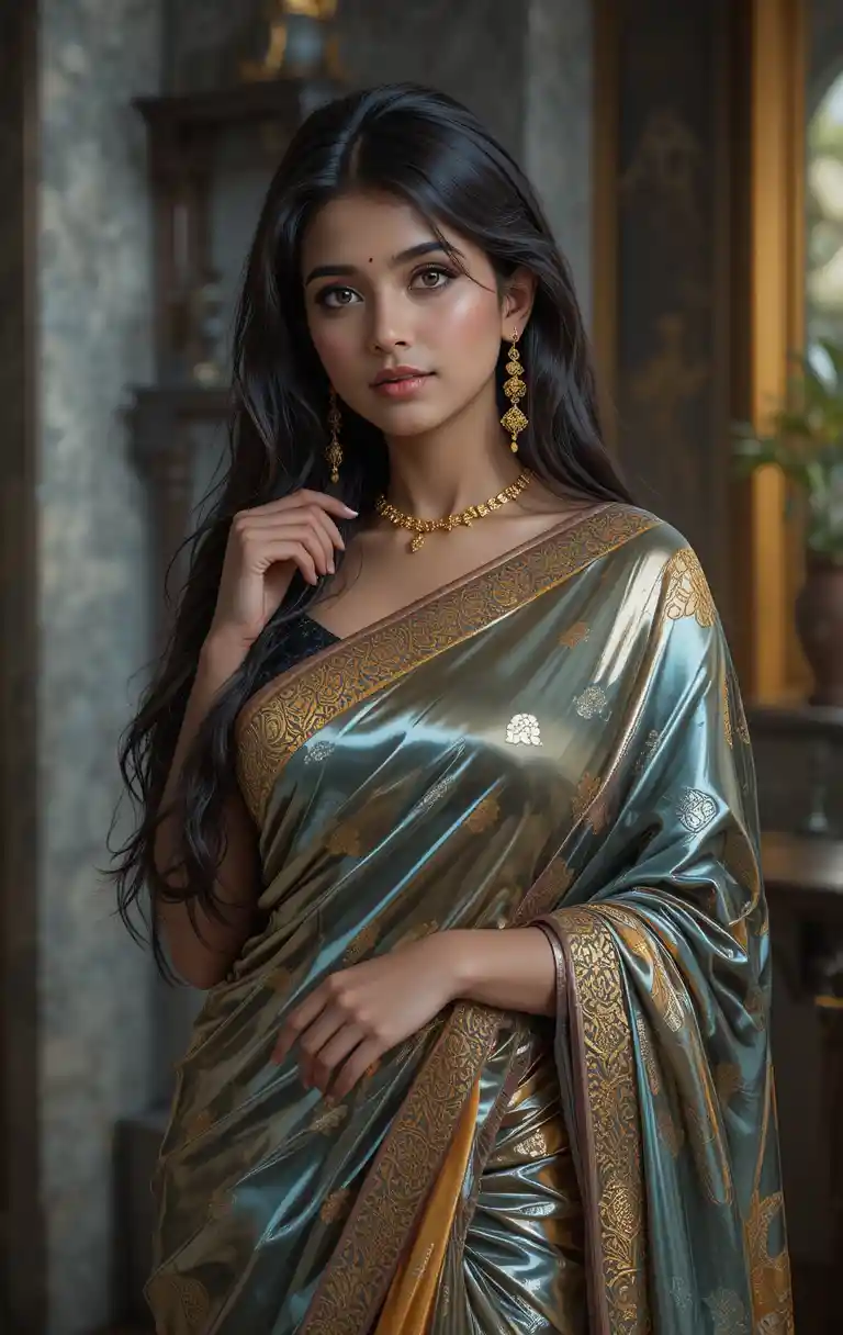 Tamil woman in glossy saree with exposed midriff pose