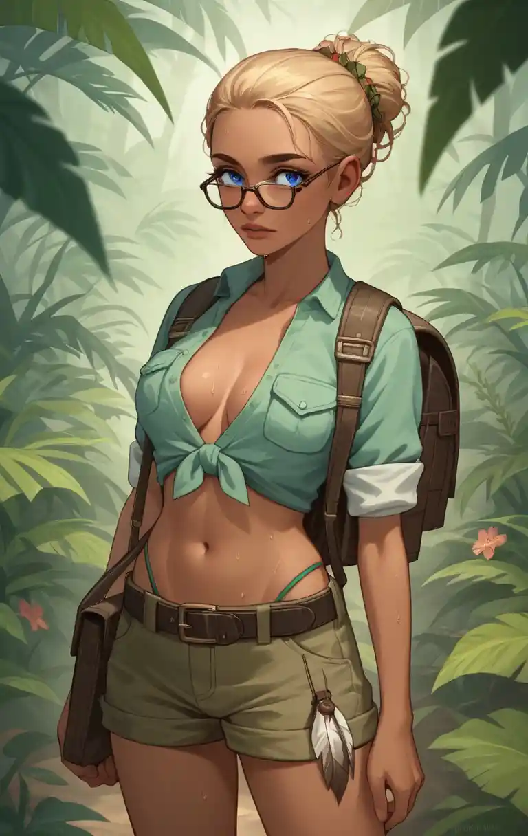 African guide leading blonde anthropologist through jungle