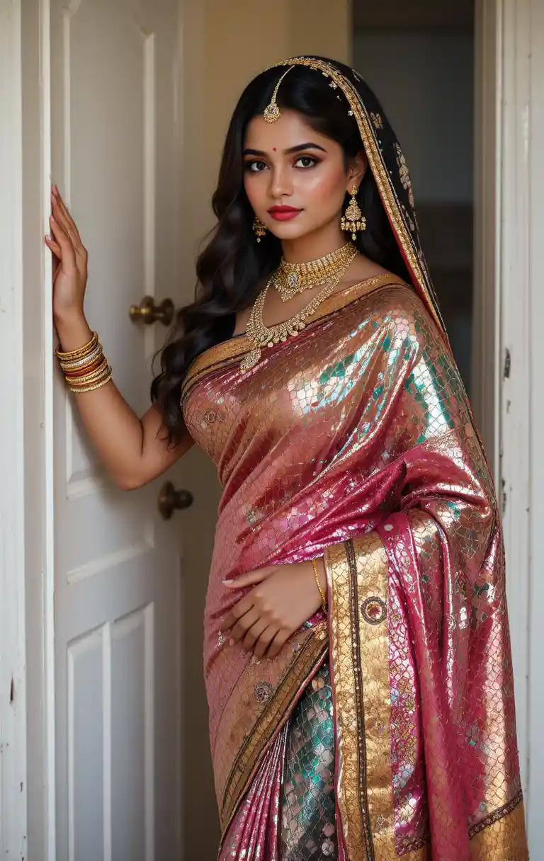 Beautiful Indian woman in glossy gradient sequin saree