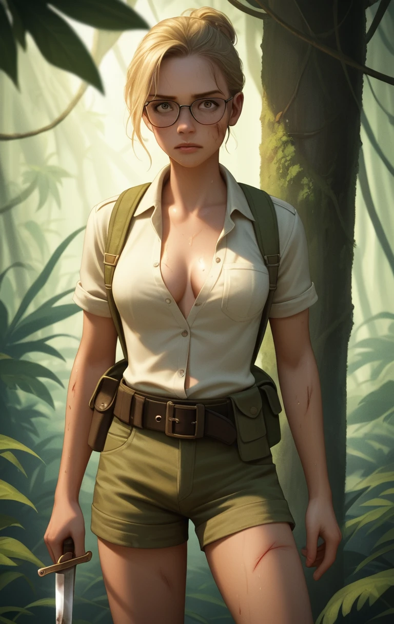 Exhausted young explorer trekking through dense jungle