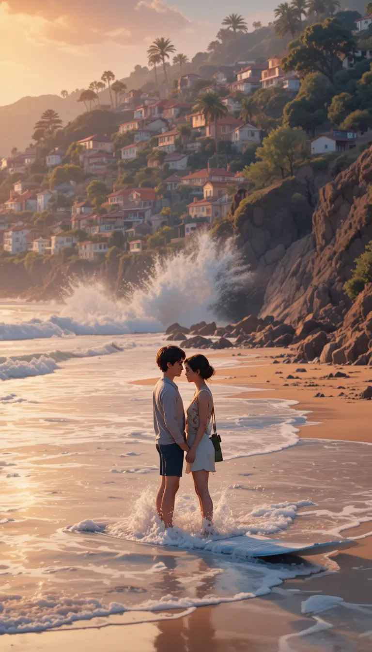 Young couple sharing a tender moment in ocean waves
