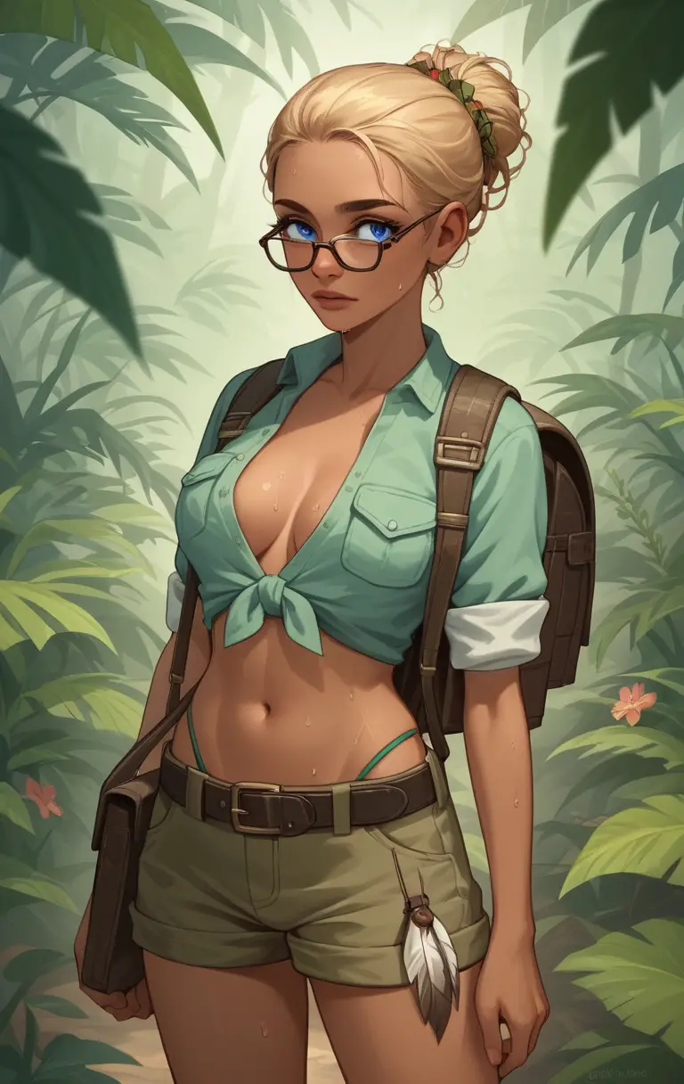 African guide leading blonde anthropologist through jungle
