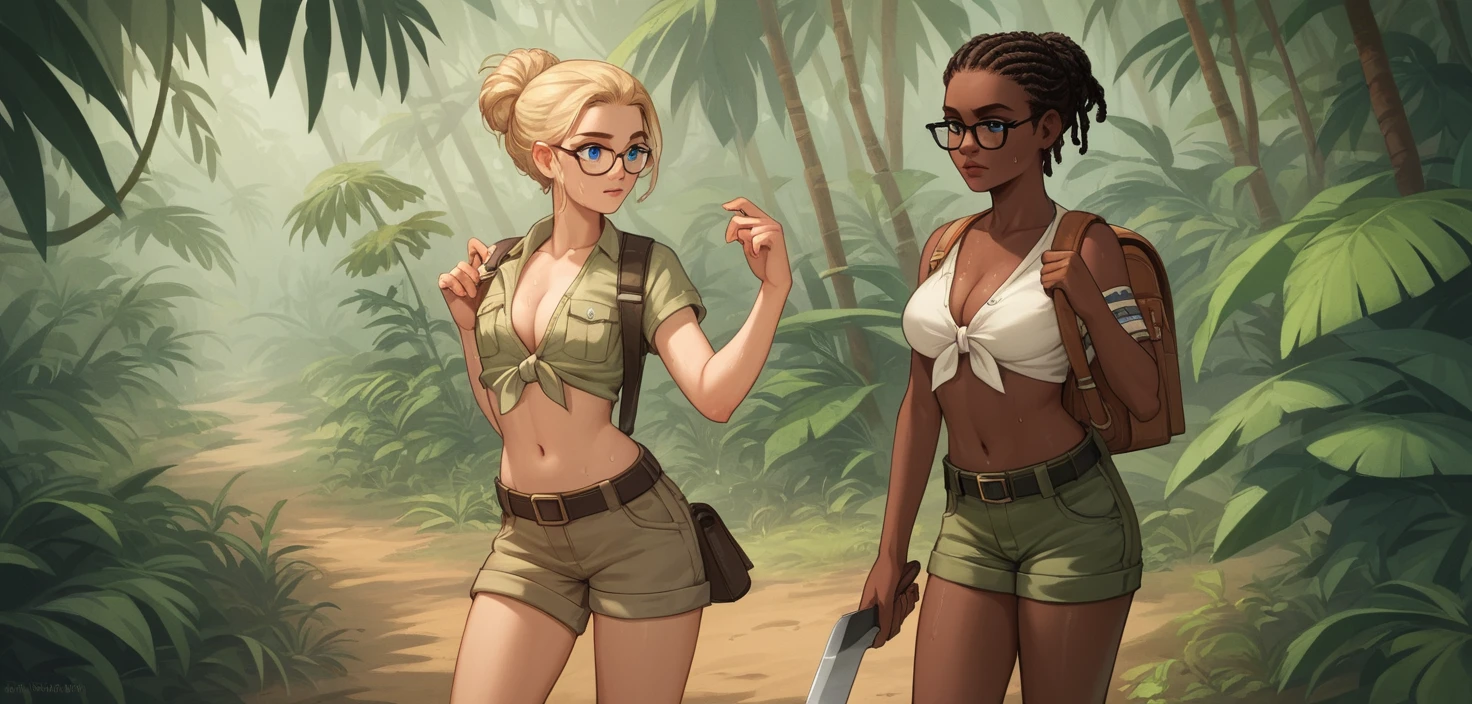 Blonde anthropologist following local guide through dense jungle