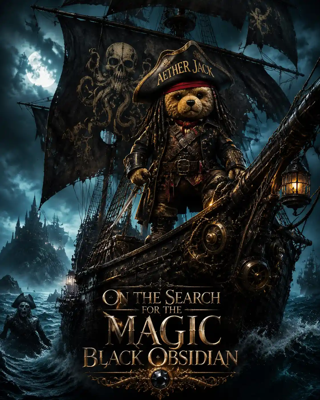Steampunk pirate teddy bear on haunted obsidian sea ship