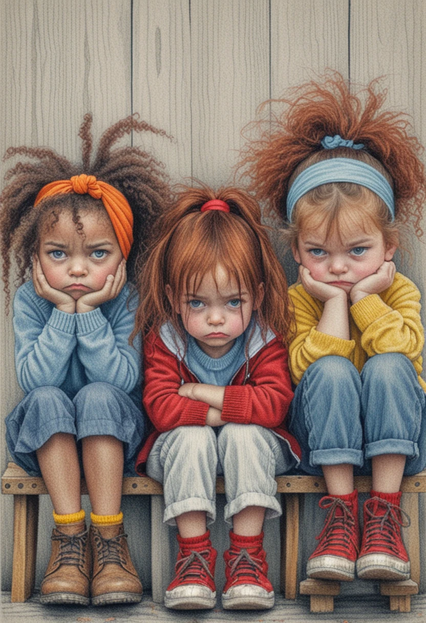 Three grumpy little girls on a bench in pencil illustration