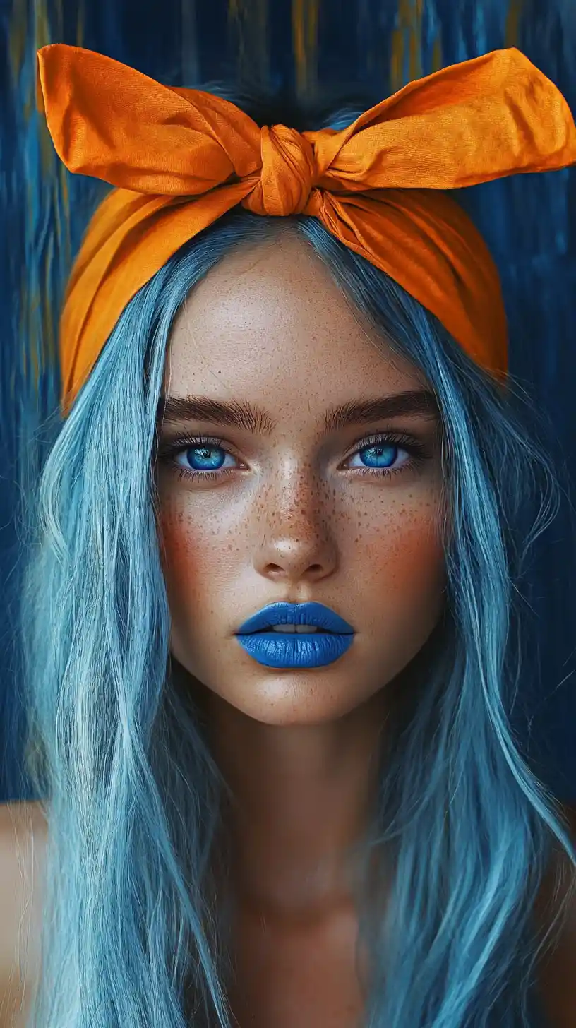 Blue haired girl portrait with orange headband and bold makeup