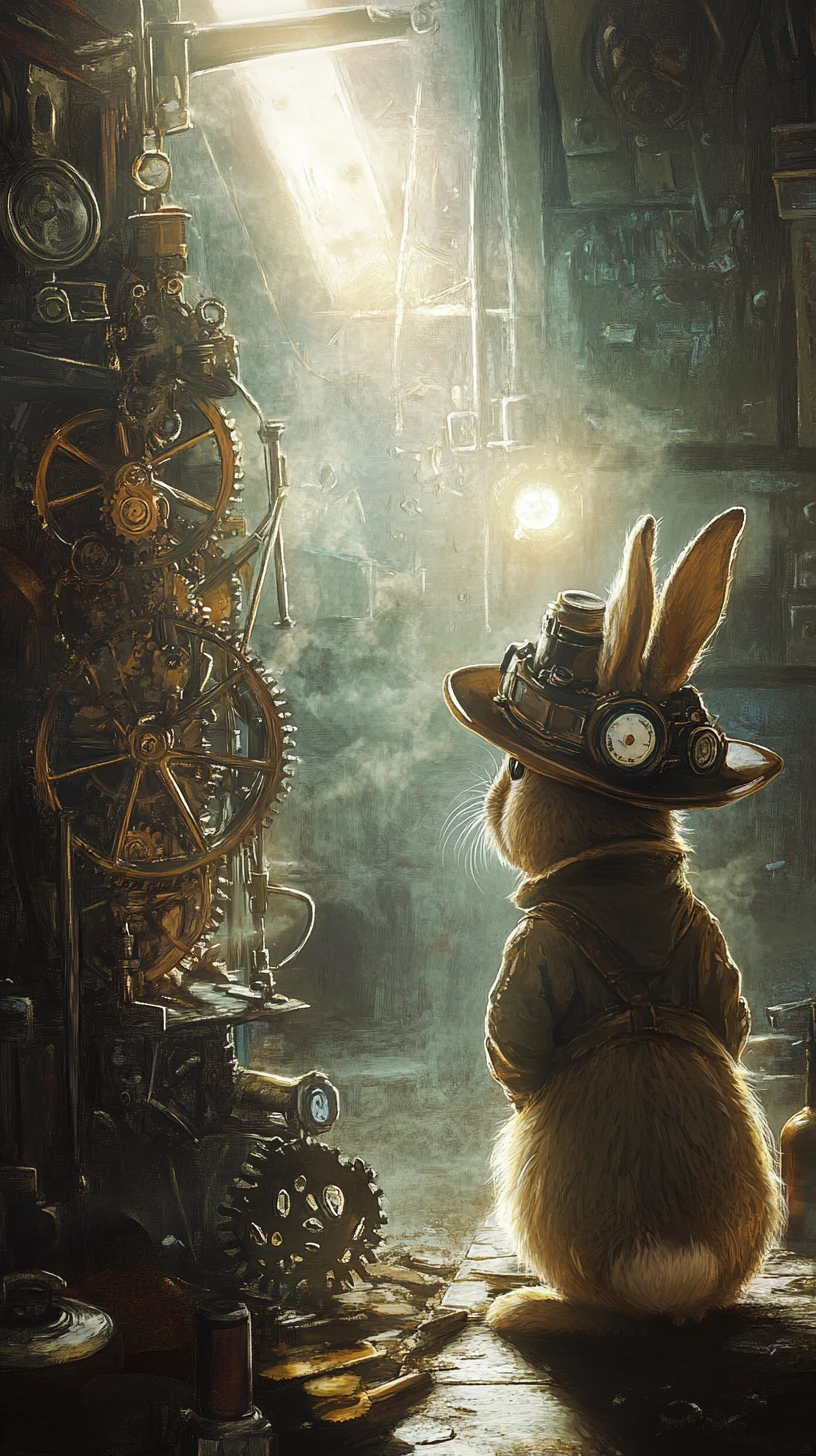 Rabbit in a steampunk hat studies clockwork in dim workshop