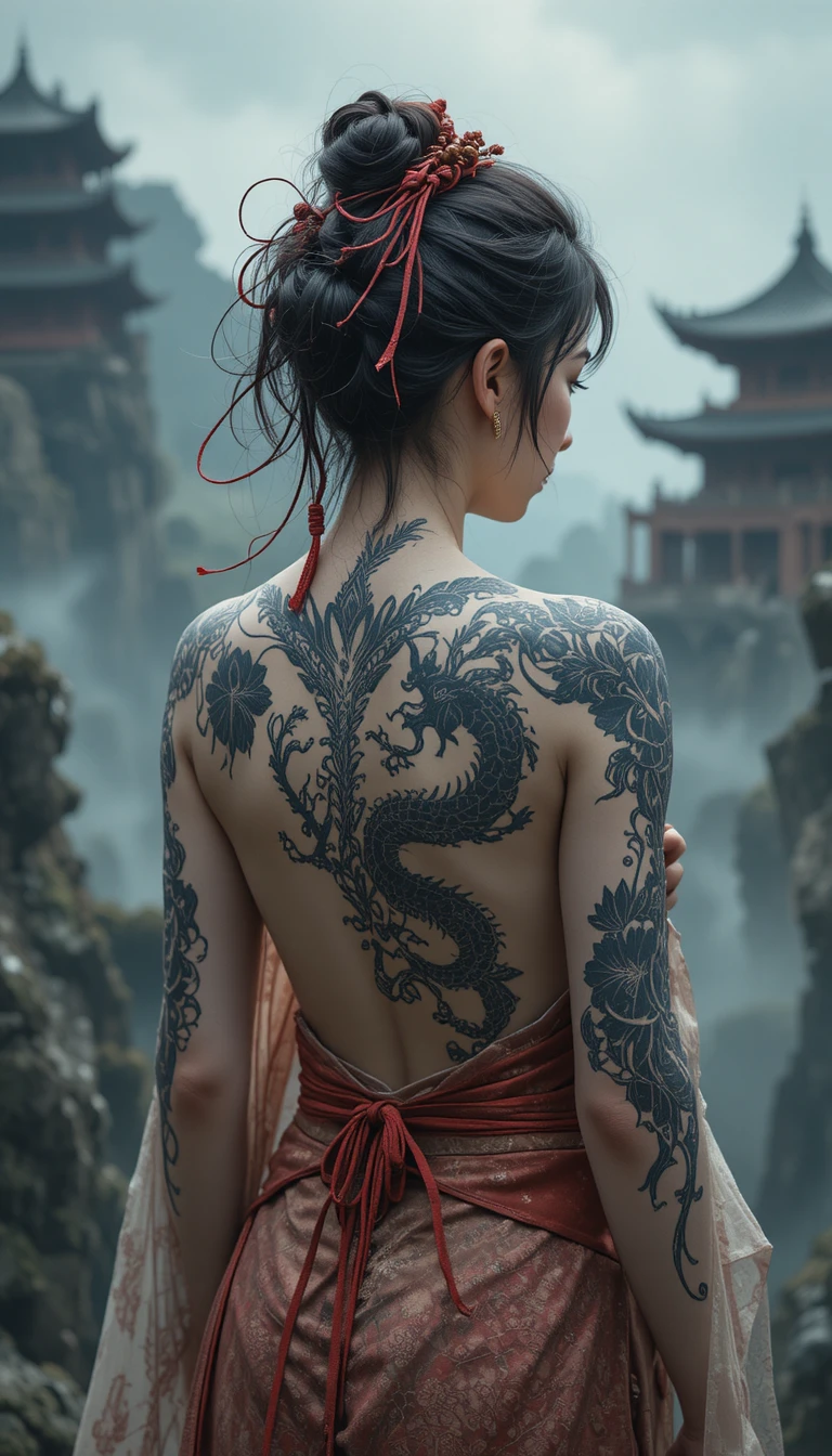 Asian woman with dragon tattoo bound before misty temple