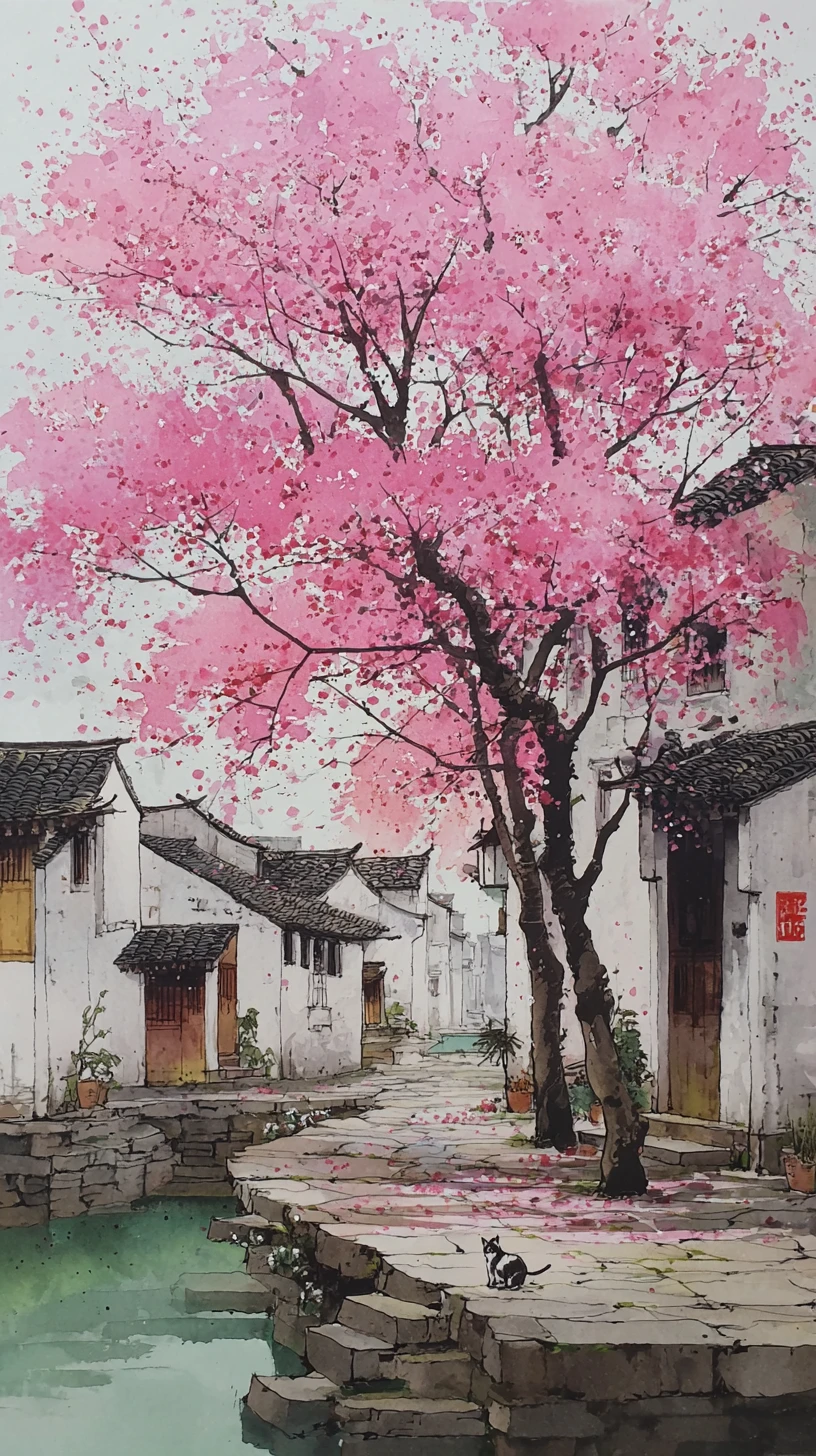 Spring blossoms over a quiet Chinese village square