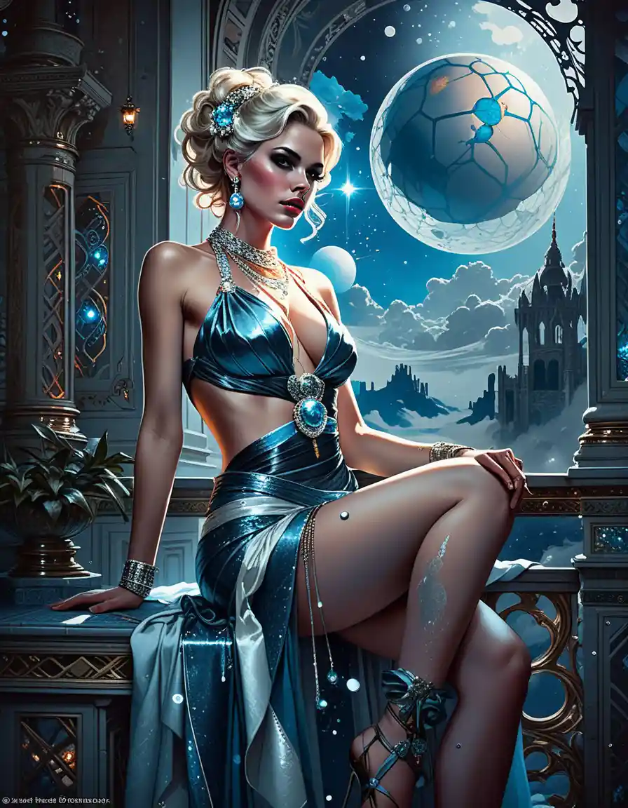 Sensual Blonde Woman In White Toga On Palace Balcony