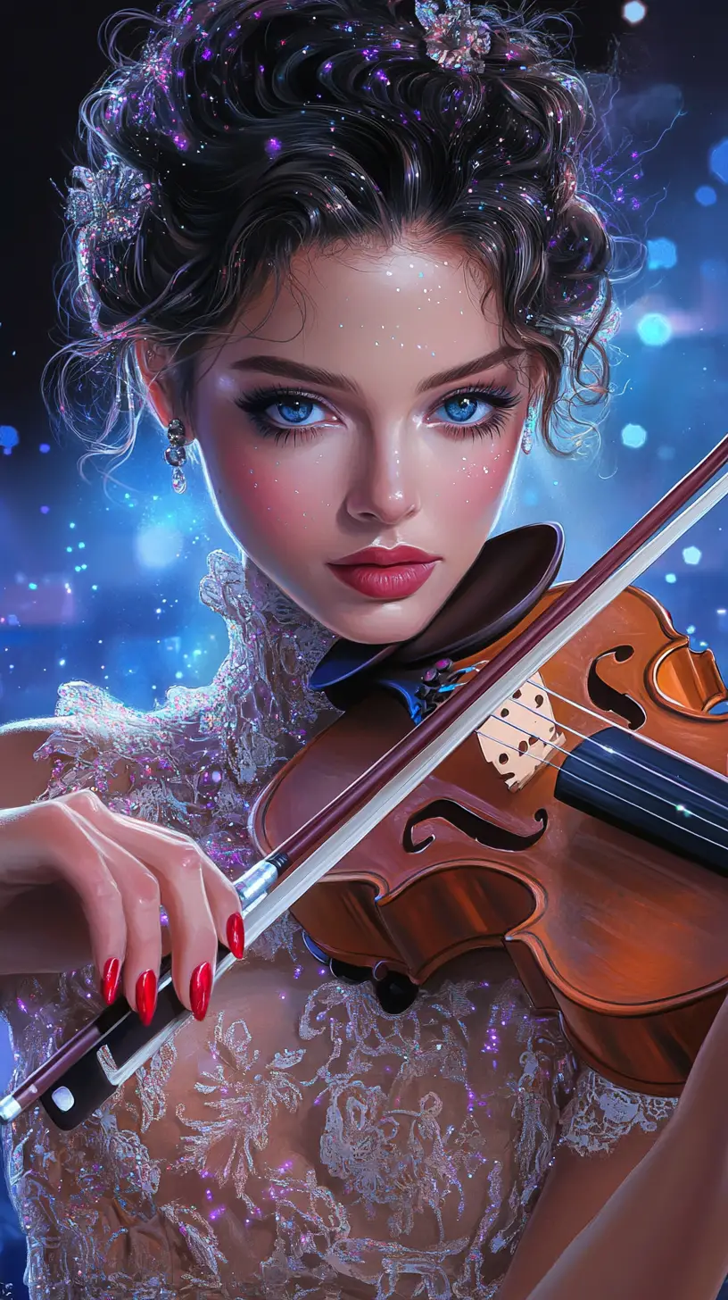 Surreal woman playing violin in glowing concert hall