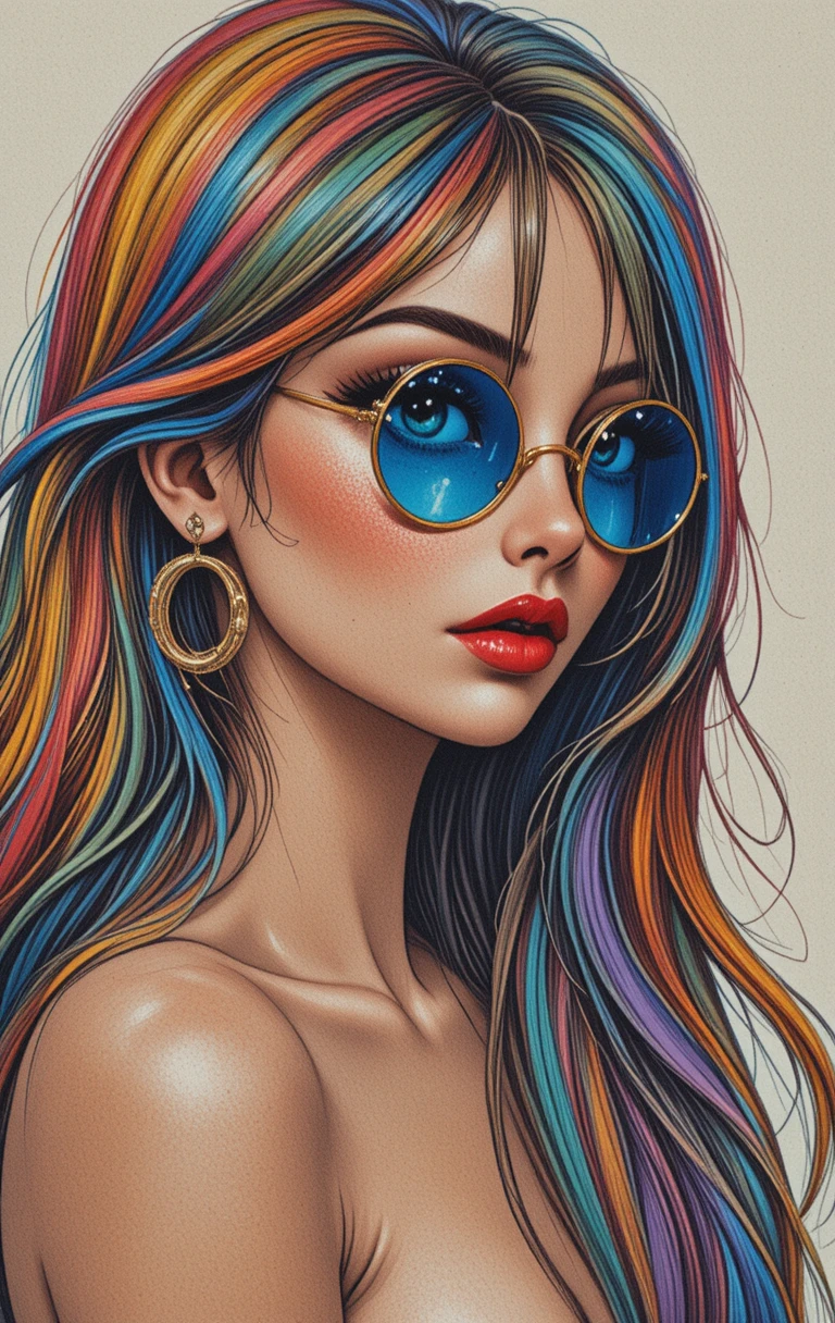 Color pencil portrait of girl with rainbow flowing hair