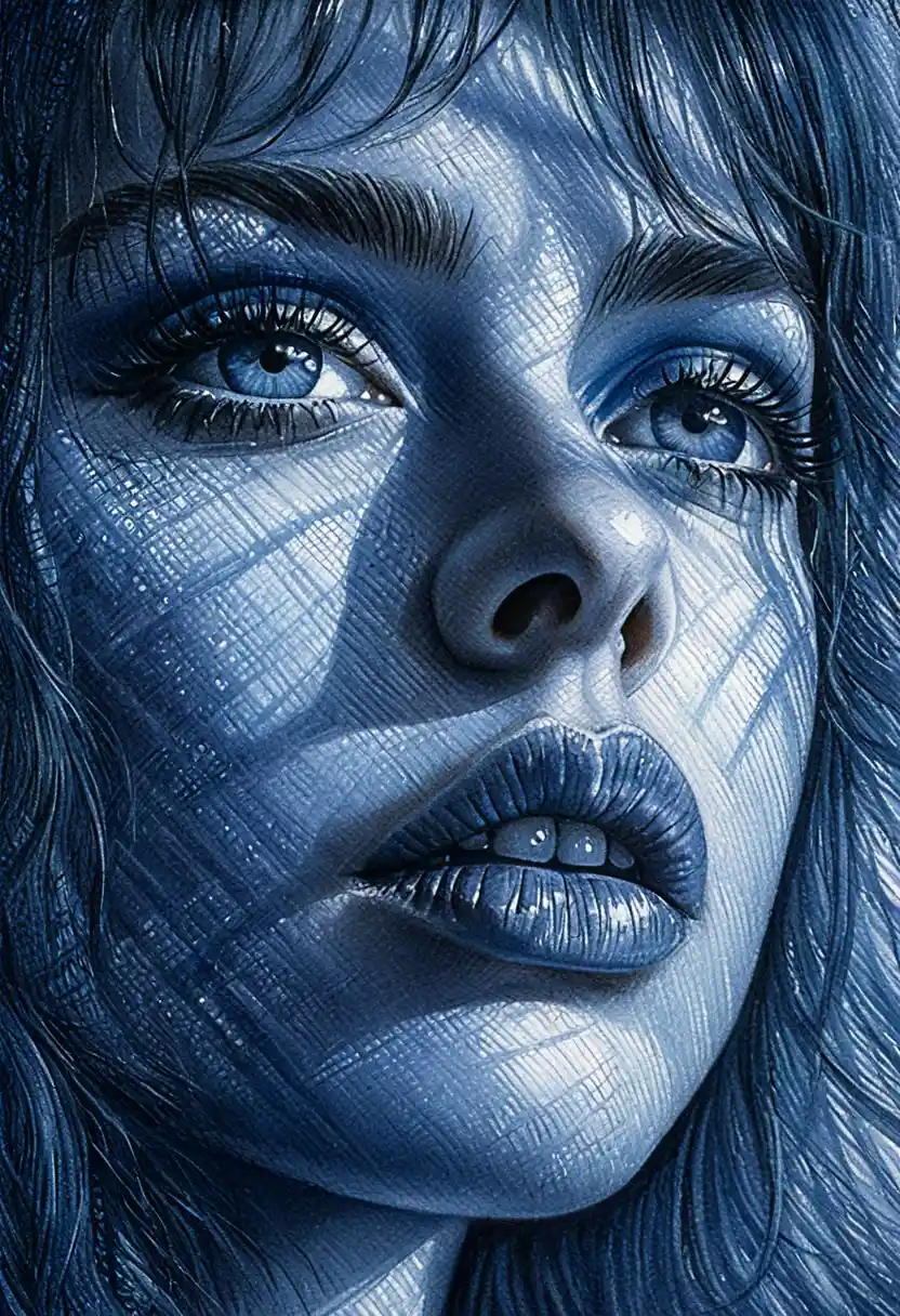 Blue toned close up portrait of girl in striped light